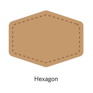 May include: A brown leather hexagon patch with a stitched border. The patch is blank and ready to be customized.
