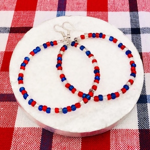 Patriotic Hoop Earrings, 4th of July Earrings, Red White and Blue Earrings, USA, America, Fourth of July Patriotic Beaded Jewelry for Women