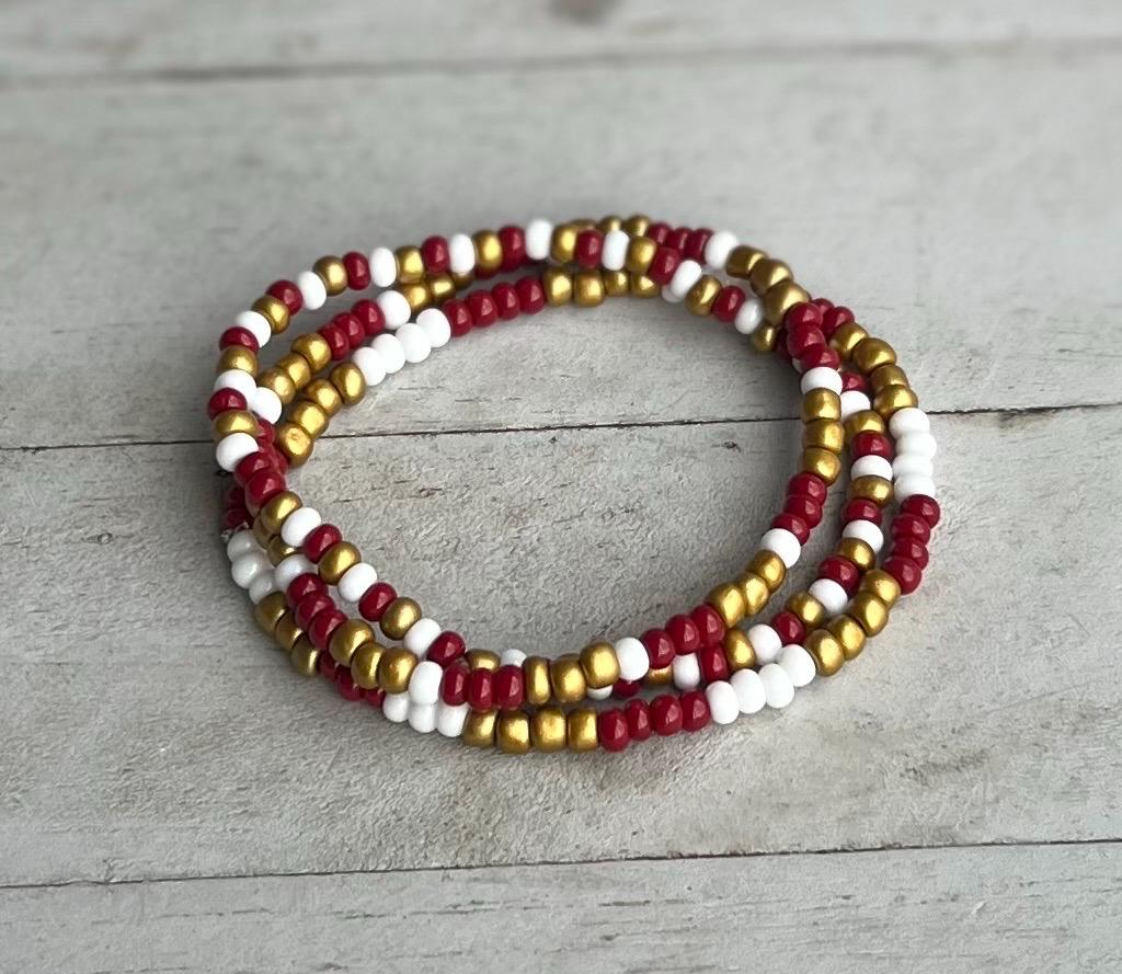 Red white gold bracelets, Sports team bracelet, Custom football bracelet, School colors, Beaded stack bracelet set, Minimalist Jewelry