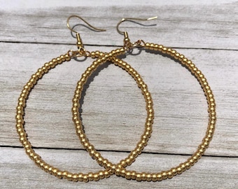 Gold seed bead hoops, Gold hoop earrings, Gold earrings, Tiny beaded hoop earrings, Thin seed beaded hoops, Simple Hoop Earrings for Women