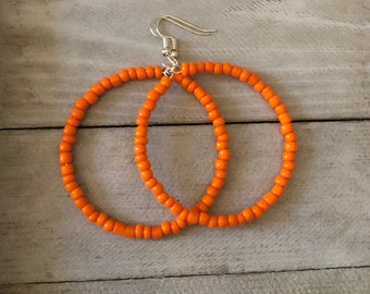 Orange seed bead earrings, Hoop earrings, Bright beaded hoop earrings, Thin seed bead hoop earrings, Seed bead jewelry set for women