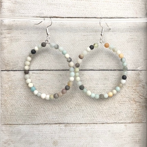 Gemstone hoop earrings, Amazonite Beaded Hoop Earrings, Thin bead hoops, Boho hoop earrings, Beachy Jewelry for women, Beachy gifts
