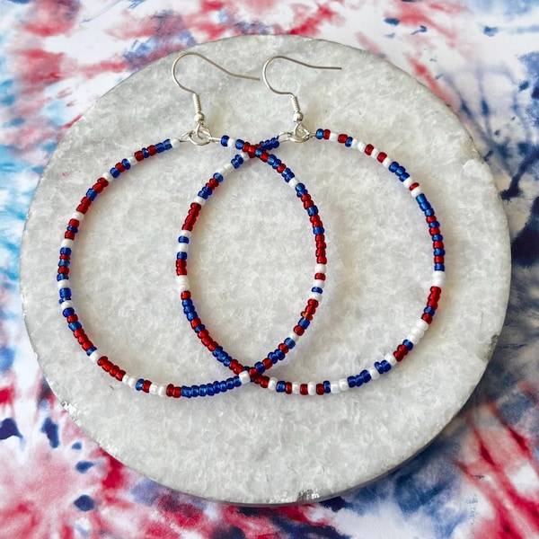 Patriotic Beaded Hoop Earrings, Tiny Beaded Hoop Earrings, Red, White & Blue Handmade Jewelry, 4th of July Accessories, USA Pride Earrings