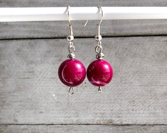 Colorful fuchsia pink beaded earrings, Bright Pink Ball Earrings, Simple Dangly Earrings, Pink Gemstone Jewelry Gifts for Women