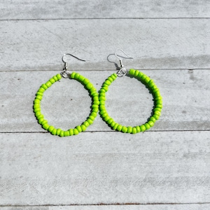 Lime green hoop earrings, Green Earrings, Lime green seed bead earrings