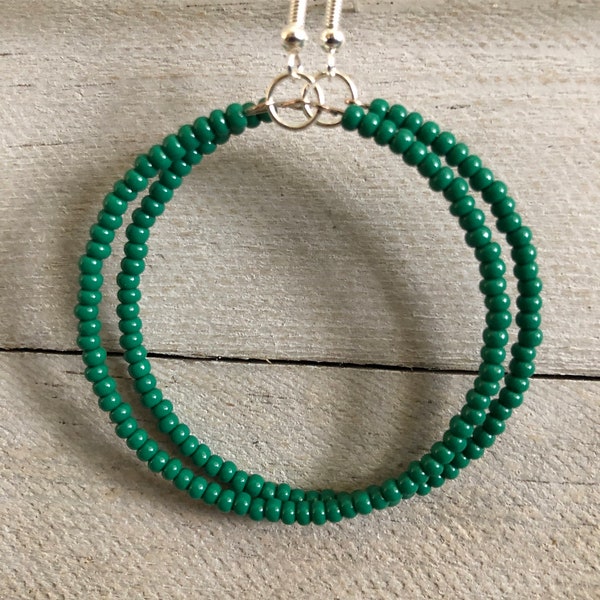 Green earrings, Hoop earrings, Dark green beaded hoop earrings, Thin seed bead hoop earrings, Seed bead jewelry set for women