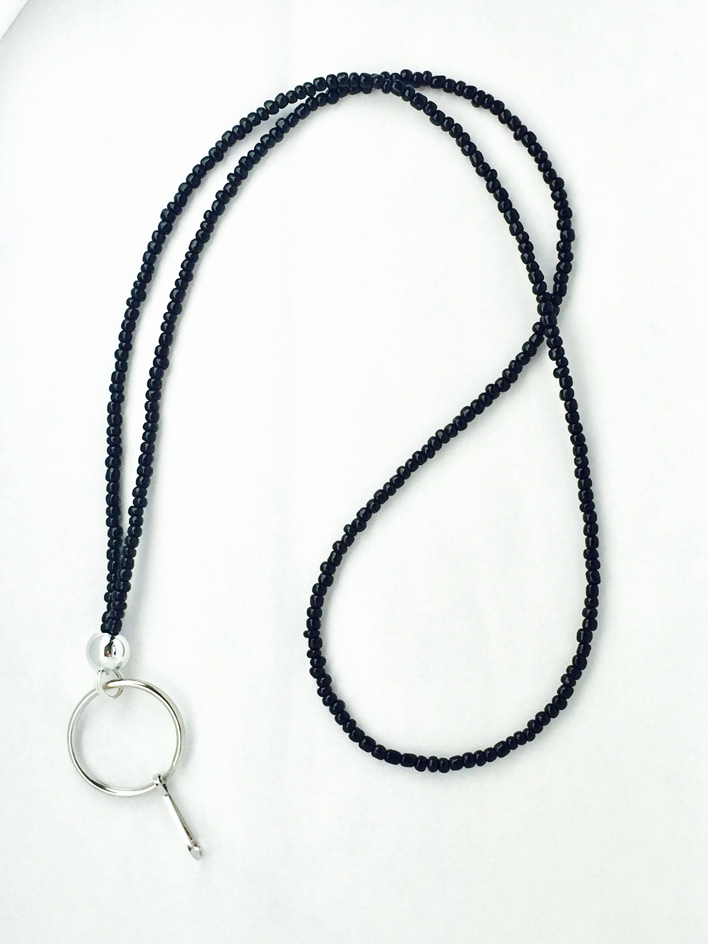 Black Bead Lanyard With ID Holder, Beaded Lanyard for Id Badge, Long