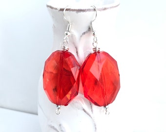 Large red dangle earrings, Acrylic Earrings, Acrylic Dangle Earrings, Holiday Earrings, Christmas Jewelry for Women, Earring Gifts for Mom