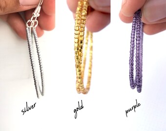 Purple hoop earrings, Thin bead hoops, Seed Bead Hoop Earrings, Light Weight Dangle Earrings, Cute Purple Earrings, Dainty Hoop Earrings
