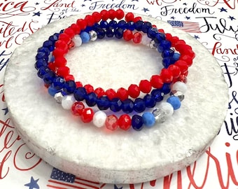 Red White and Blue Beaded Bracelet 4th of July Stacking Stretch Bracelet Set Patriotic Jewelry