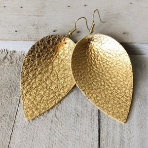Gold leather earrings, Gold Statement Earrings, Large gold teardrop earrings, Gold leather earrings for Women, Leather Jewelry