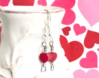 Tiny Red Heart Earrings, Red Heart Dangle Earrings, Valentine Jewelry for women, Small Holiday Earrings
