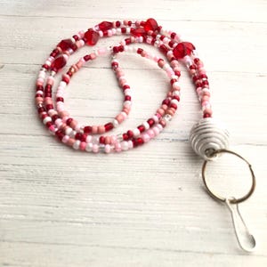 Valentine Teacher Lanyard: Beaded Lanyard ID Badge Holder, Red Glass Heart ID Badge Holder, Heart Jewelry Gift for Women