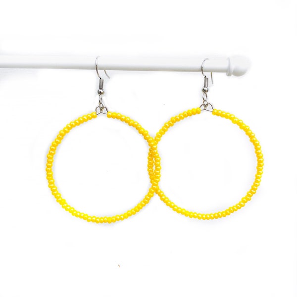 Yellow seed bead hoop earrings, Hoop earrings, Bright beaded hoop earrings, Thin seed bead hoop earrings, Seed bead jewelry set for women