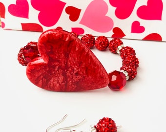 Red Rhinestone bracelet, Valentine’s Day bracelet and earring, Chunky red bracelet for Women, Red rhinestone jewelry, Heart Gift Set for Her
