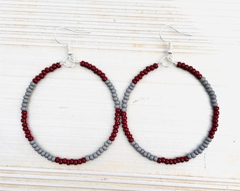 Maroon Game Day Earrings Red Hoop Earrings Burgundy and Gray Maroon & Gray College Football Earrings for Women Sports Team Gifts