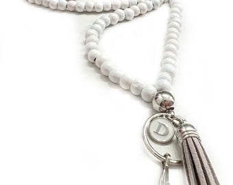 White Wood Beaded Lanyard, Wood Lanyard with ID Holder, Boho Badge Holder, Personalized Lanyard for Teachers, Gift for Teacher Appreciation