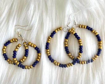 Navy and gold Game day earrings, Sports team  Colors, Seed bead hoops, School spirit earrings, Blue and gold, College football jewelry Gifts