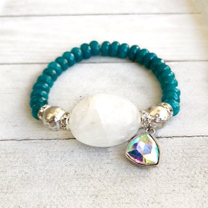 Teal Blue Beaded Bracelet, Dangle Earrings with Silver Accents – Boho Chic Jewelry Set, Gemstone Jewelry Gift for Women