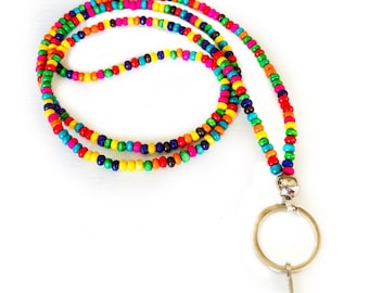 Colorful Wood Beaded Lanyard, Teacher Lanyard with ID Holder, Boho Lanyards for Teachers, Lanyards and Badge Holders