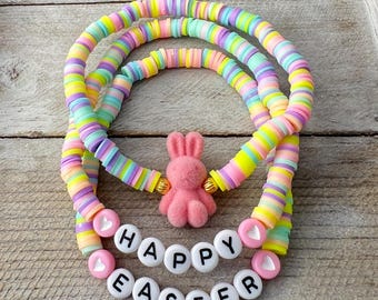Easter Bunny Bracelet Set • Kids Custom Easter Bunny Beaded Bracelet • Stacking Heishi Bracelets • Easter Bracelets for Women Girls Teens