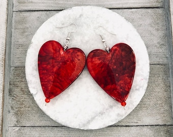 Red heart earrings, Large heart bead earrings, Red Heart dangle earrings, Valentine jewelry for women, Heart jewelry gift