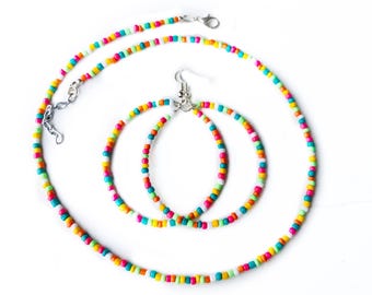 Colorful Seed Bead Necklace: Dainty Boho Layering Choker, Cute Rainbow Necklace