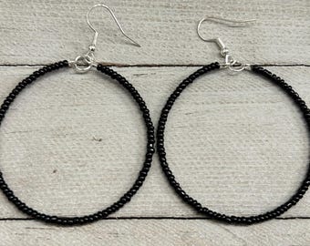 Black Beaded Hoop Earrings, Tiny Black Hoop Earrings, Black Hoop Earrings, Small Bead Earrings, Black Seed Bead Hoop Earrings for Women