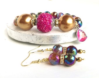 Hot Pink Stretch Bracelet & earrings set Pink Iridescent Dangle earrings for Woman, Boho Beaded Bracelet Wife Birthday Gifts