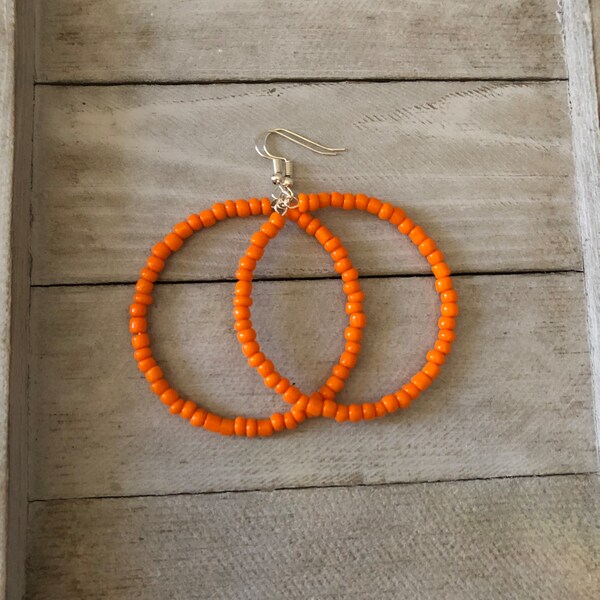 Orange seed bead earrings, Hoop earrings, Bright beaded hoop earrings, Thin seed bead hoop earrings, Seed bead jewelry set for women