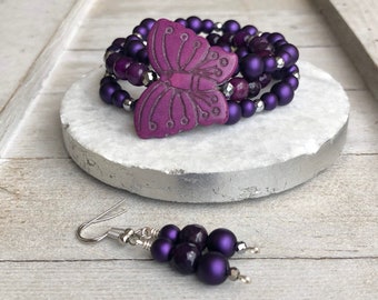 Purple Butterfly Beaded Bracelets, Bracelets Stack, Purple Butterfly Jewelry for Women, Butterflies, Butterfly Gifts for Mom, Butterfly