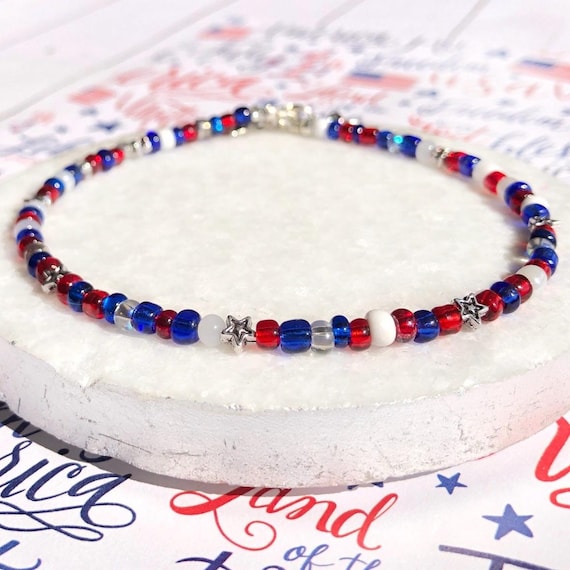 Red White and Blue Bead Anklet, 4th of July Patriotic Bracelet, Fourth of July Beaded Jewelry