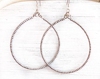 Silver Hoop Earrings, Tiny Bead Hoops, Silver Hoop Earrings, Silver Dangle Earrings, Seed Bead Hoop Earrings, Handmade Bead Earrings