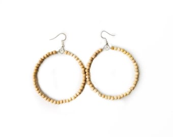 Wooden hoop earrings, Wood earrings for Women, Natural wood bead earrings, Dangle beaded hoop earrings, Bead hoops, Jewelry Gift for Her