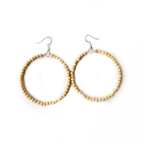 Wooden hoop earrings, Wood earrings for Women, Natural wood bead earrings, Dangle beaded hoop earrings, Bead hoops, Jewelry Gift for Her