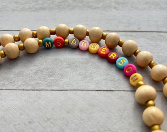 Neutral Wood Beaded Lanyard: Boho Teacher ID Badge Holder