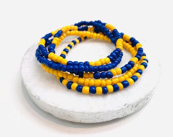 Yellow and blue sports team bracelets, School Spirit Bracelets, Custom Team Colors, Beaded stack bracelet set, Game day College Jewelry