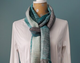 Scarf, Handwoven, Teal, Mint, Gray