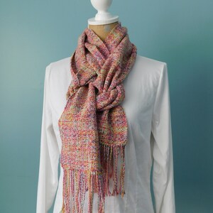 Scarf, Handwoven Scarf, Pale Mustard, Pink, Purple, Medium Blue, Buttercream