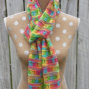 Scarf, Hand Knit, Multiple Colors, Pink, Blue, Yellow, Orange, Green