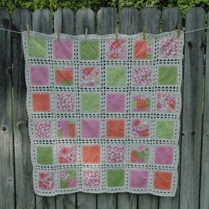 Crochet Fusion Quilt, Baby Blanket, Patchwork Quilt, Daisey, Paisley, Polka Dots, Pink, Green, Coral