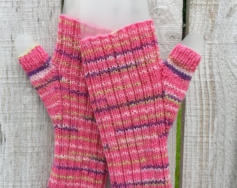 Hand Knit Fingerless Gloves, Hand Knit Fingerless Mitts, Knit Gloves, Fingerless Gloves in Pink with Light Pink, Purple and Green