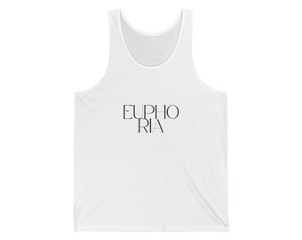 Euphoric Vibes Chic Minimalist Unisex Jersey Tank, White, Grey, Euphoria Text, Retro Festival wear, Euphoria Rave wear