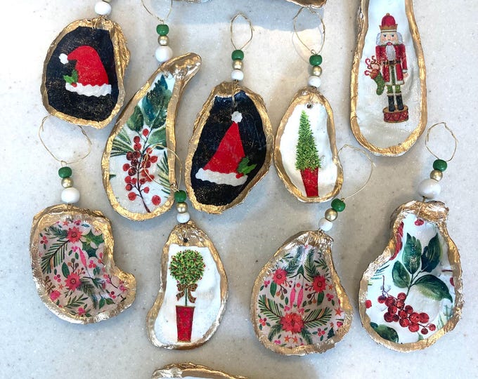 Oyster Shell Christmas Ornaments Choose from Fox Topiary Santa Hat Holly Berries Nutcrackers Price is for one shell