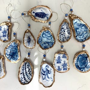 Oyster Shell Ornaments Bottle Charms Napkin Rings Blue and White Collection Price is per Shell