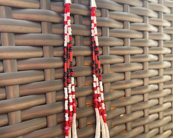 Dentalium Shell Dangle Earrings Silver Cone – Red White Black Beadwork Fringe