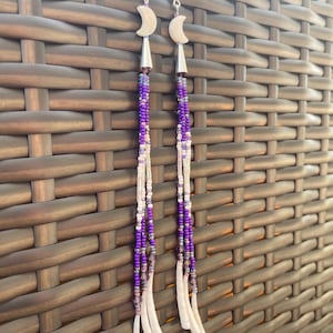 MOP Shell Moon Charm Celestial Aesthetic Purple Crystal Long Dangle White Dentalium Earrings Indigenous Made Native American Indian Beadwork