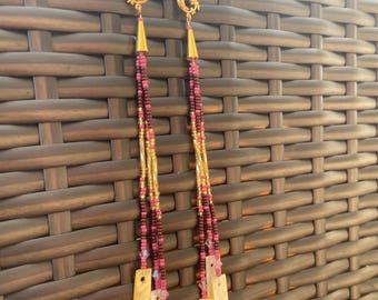 Gold Moon Stars MOP Shell Dangle Earrings – Mauve, Brown Seed Beadwork