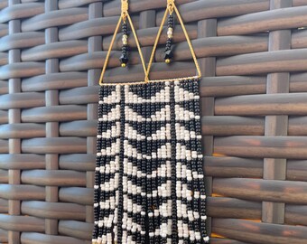 Hand Beaded Dangle Earrings: Black White Sturgeon Pattern, Shell, Glass Beads