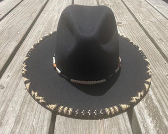 Black Brown Picasso Cream Geometric Butterfly Beaded Australian Wool Felt Fedora Brim Hat Native American Indigenous Western Headwear 57cm